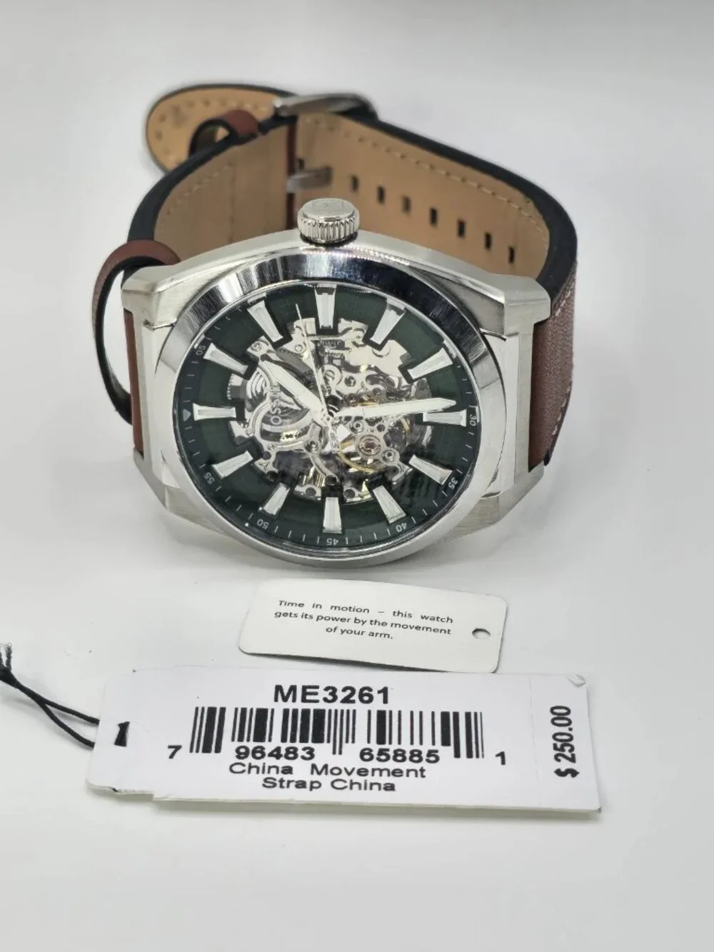 Fossil Everett Men's Automatic Green Skeleton Dial Brown Leather Watch ME3261